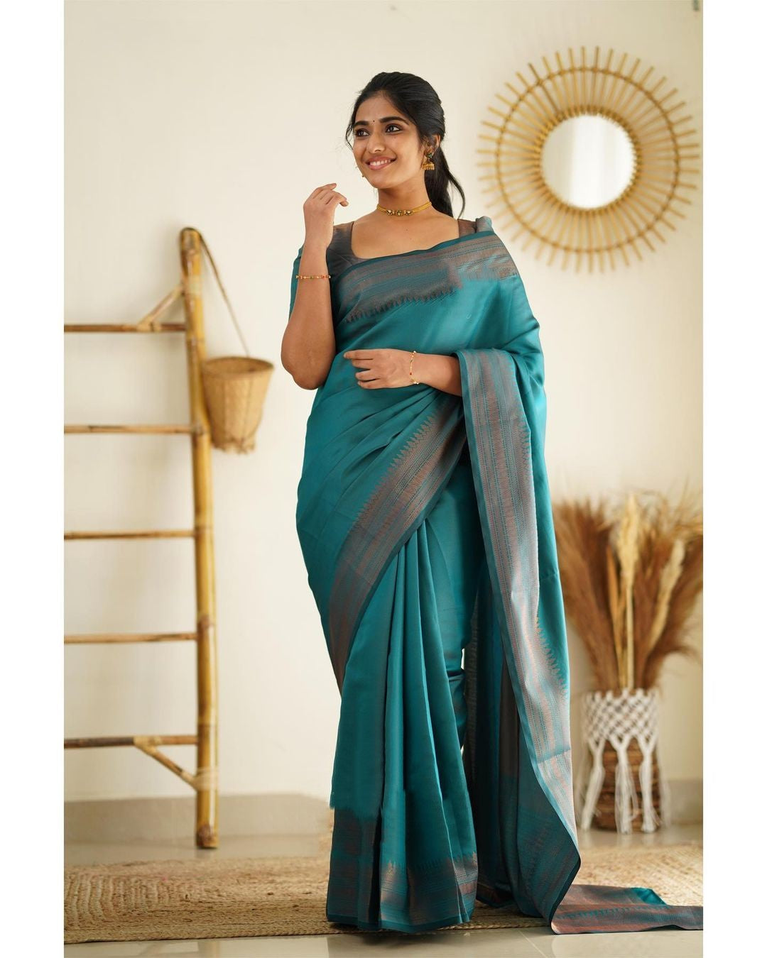 Eloquence Rama Soft Silk Saree With Lagniappe Blouse Piece - Colorful Saree