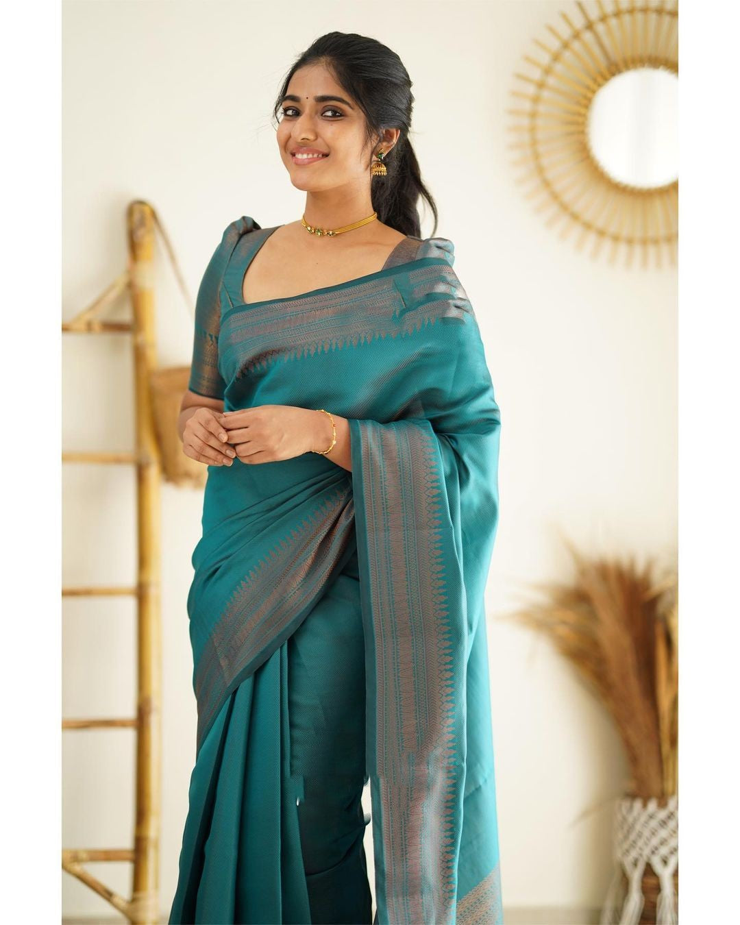 Eloquence Rama Soft Silk Saree With Lagniappe Blouse Piece - Colorful Saree