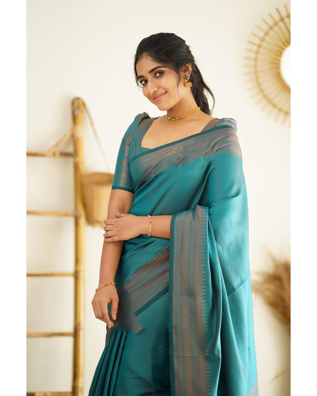 Eloquence Rama Soft Silk Saree With Lagniappe Blouse Piece - Colorful Saree