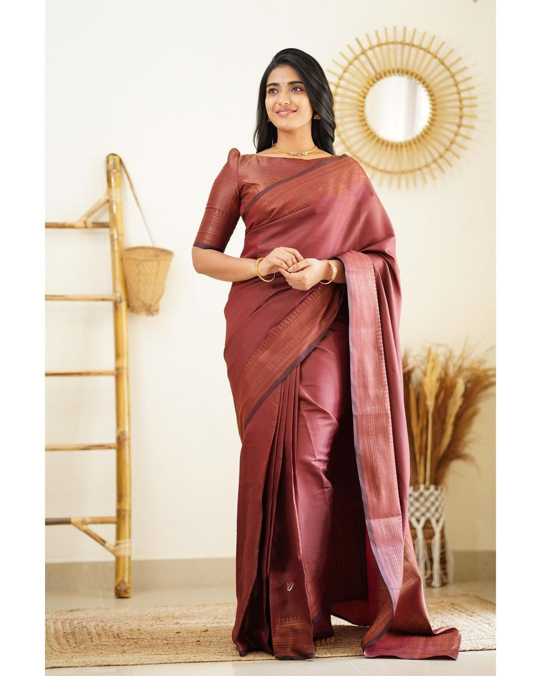 Moiety Wine Soft Silk Saree With Palimpsest Blouse Piece - Colorful Saree