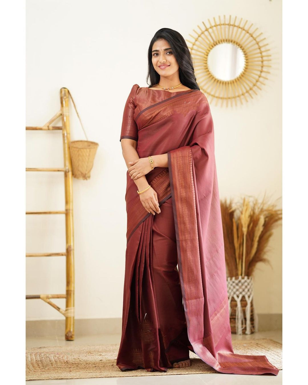 Moiety Wine Soft Silk Saree With Palimpsest Blouse Piece - Colorful Saree