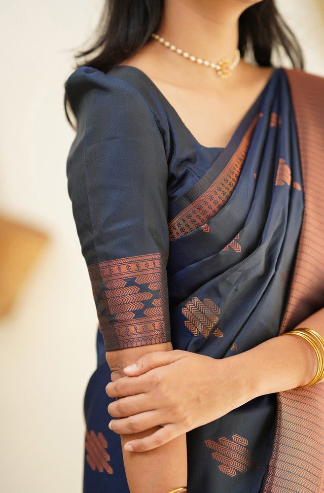 Staring Navy Blue Soft Silk Saree With Beautiful Blouse Piece - Colorful Saree