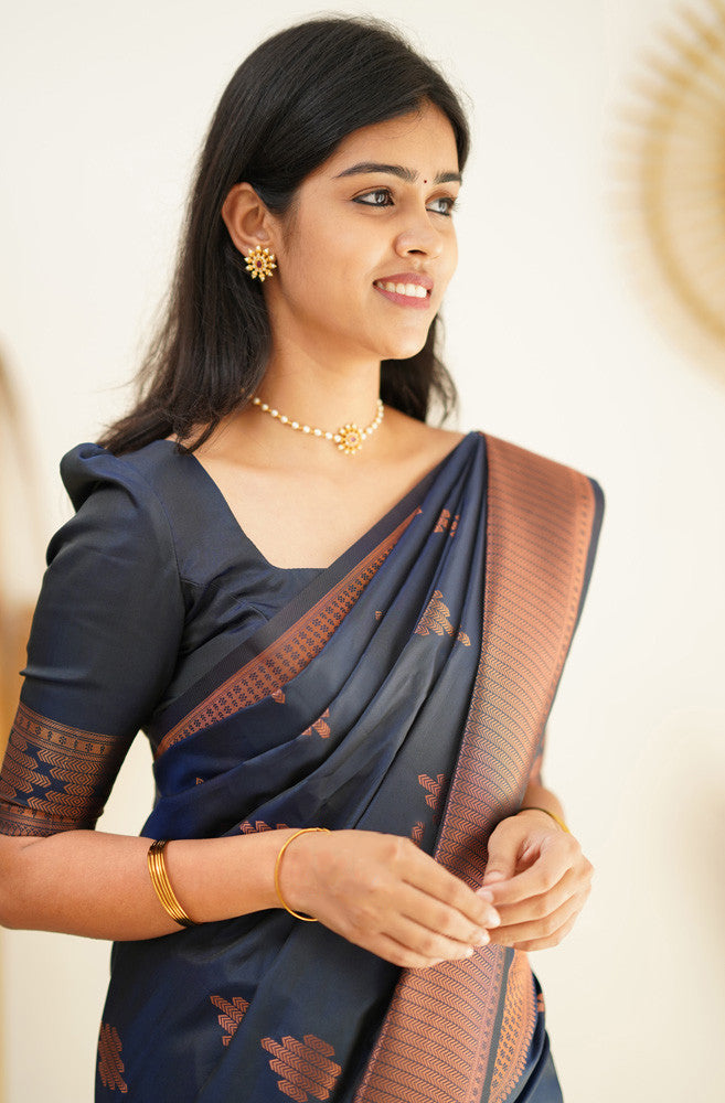 Staring Navy Blue Soft Silk Saree With Beautiful Blouse Piece - Colorful Saree