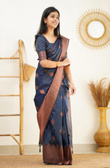 Staring Navy Blue Soft Silk Saree With Beautiful Blouse Piece - Colorful Saree