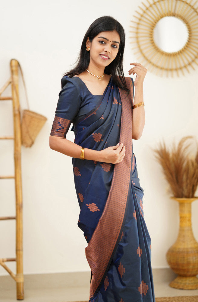 Staring Navy Blue Soft Silk Saree With Beautiful Blouse Piece - Colorful Saree