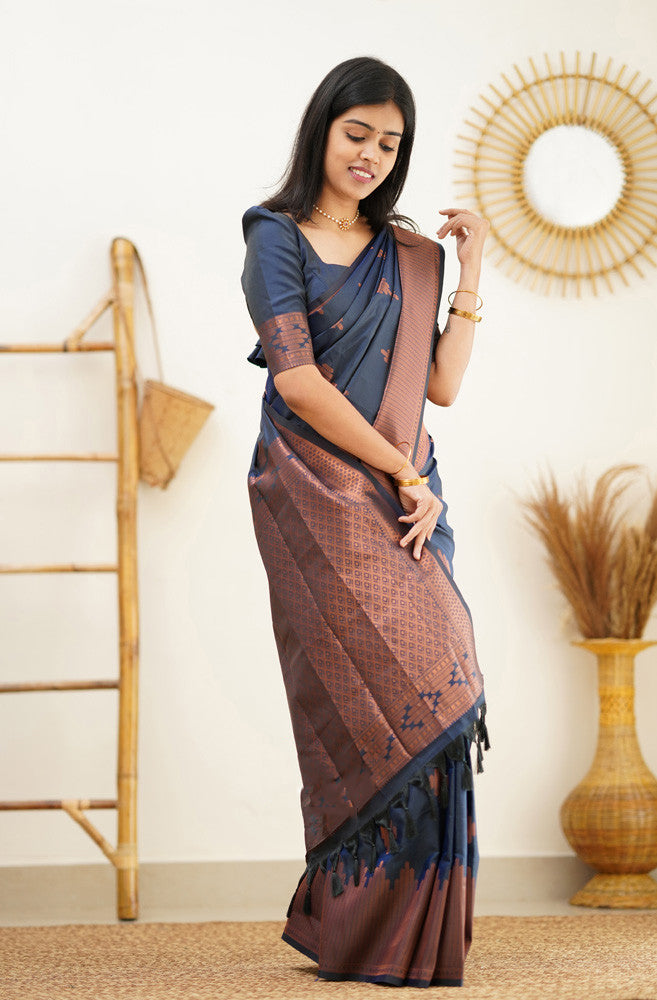 Staring Navy Blue Soft Silk Saree With Beautiful Blouse Piece - Colorful Saree