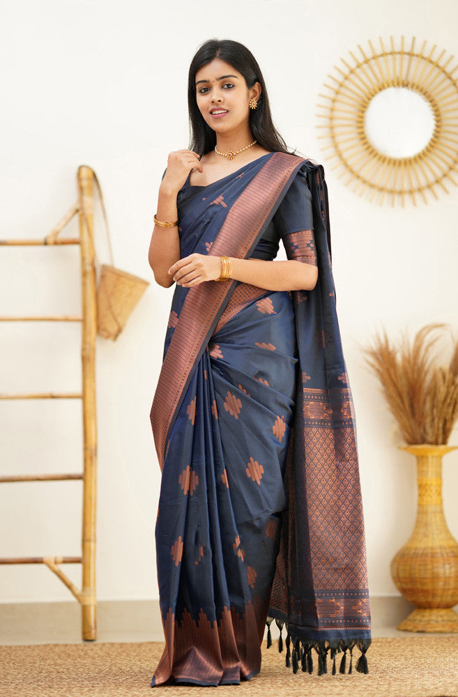 Staring Navy Blue Soft Silk Saree With Beautiful Blouse Piece - Colorful Saree