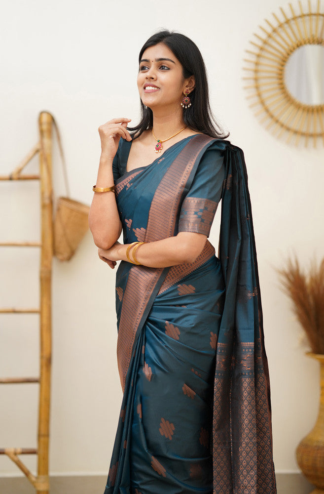Prominent Rama Soft Silk Saree With Blissful Blouse Piece - Colorful Saree