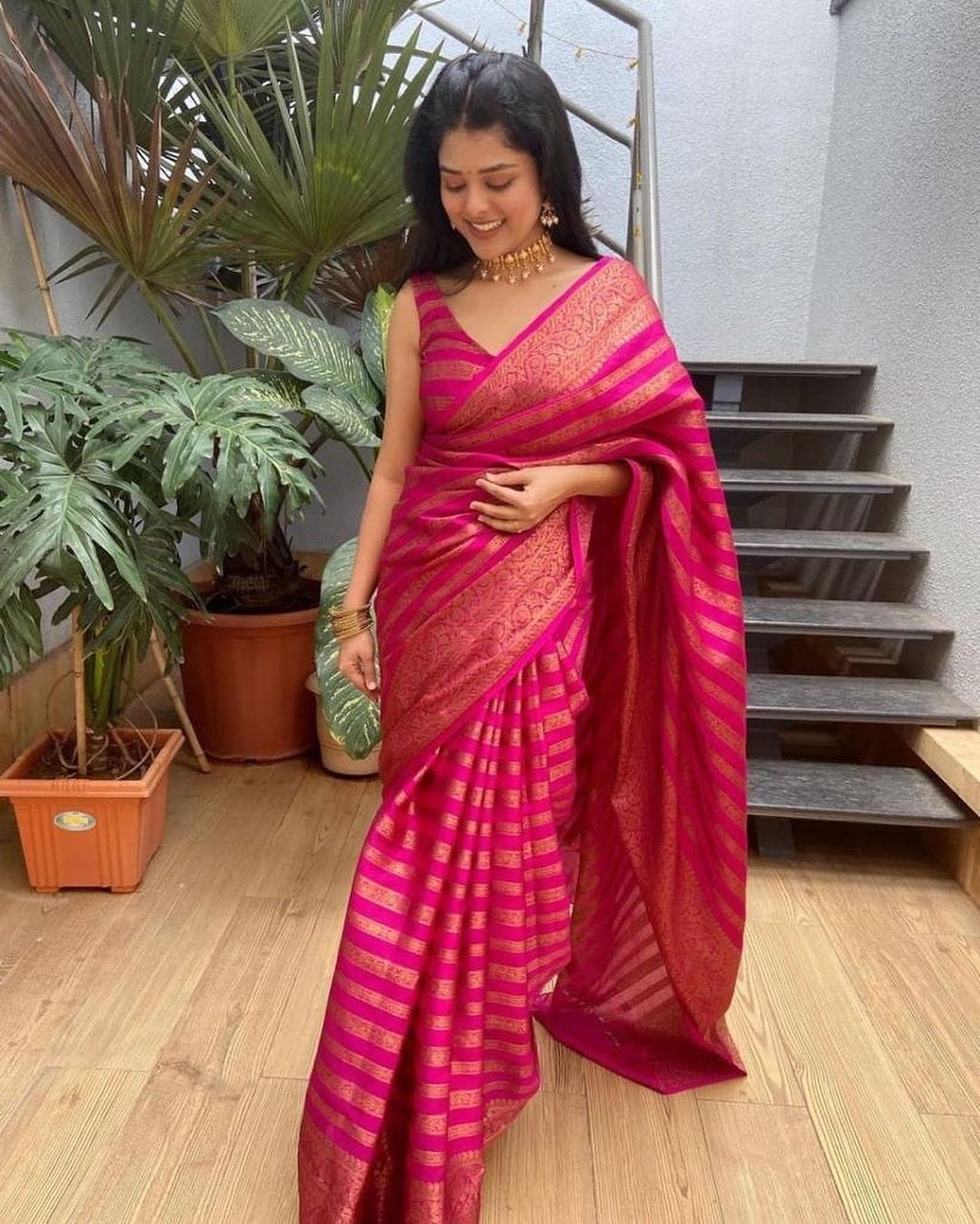 Glowing Pink Soft Silk Saree With Groovy Blouse Piece - Colorful Saree