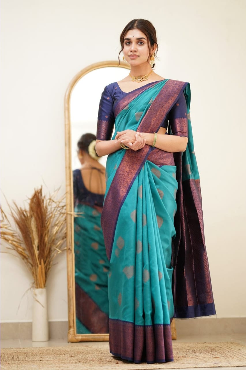 Eloquence Firozi Soft Silk Saree with Scintilla Blouse Piece - Colorful Saree