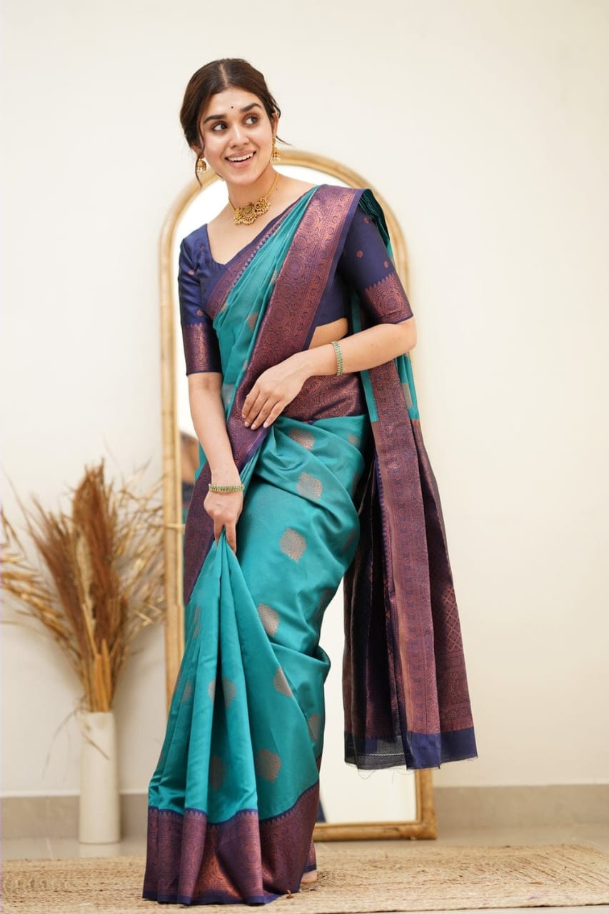 Eloquence Firozi Soft Silk Saree with Scintilla Blouse Piece - Colorful Saree