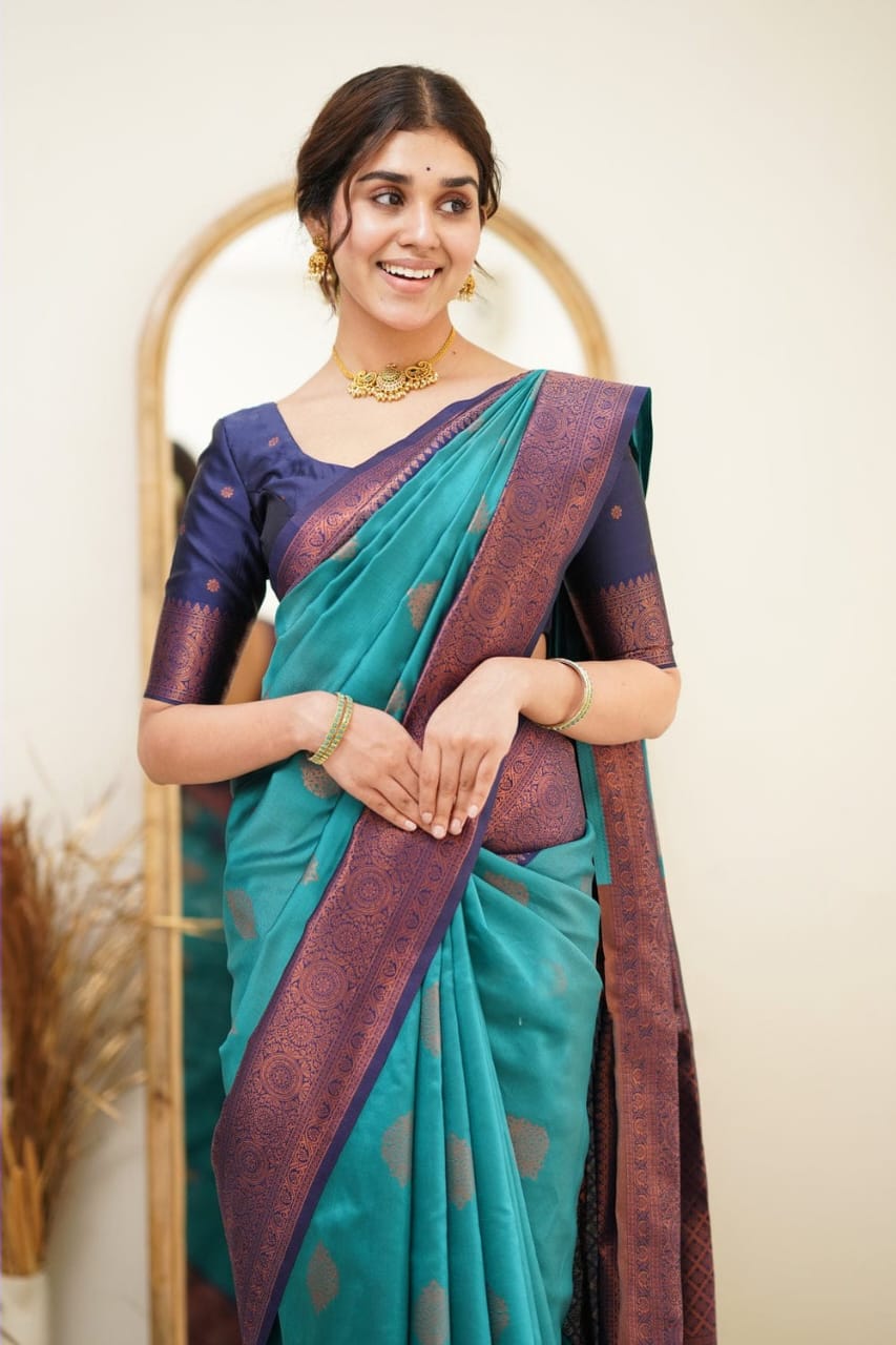 Eloquence Firozi Soft Silk Saree with Scintilla Blouse Piece - Colorful Saree