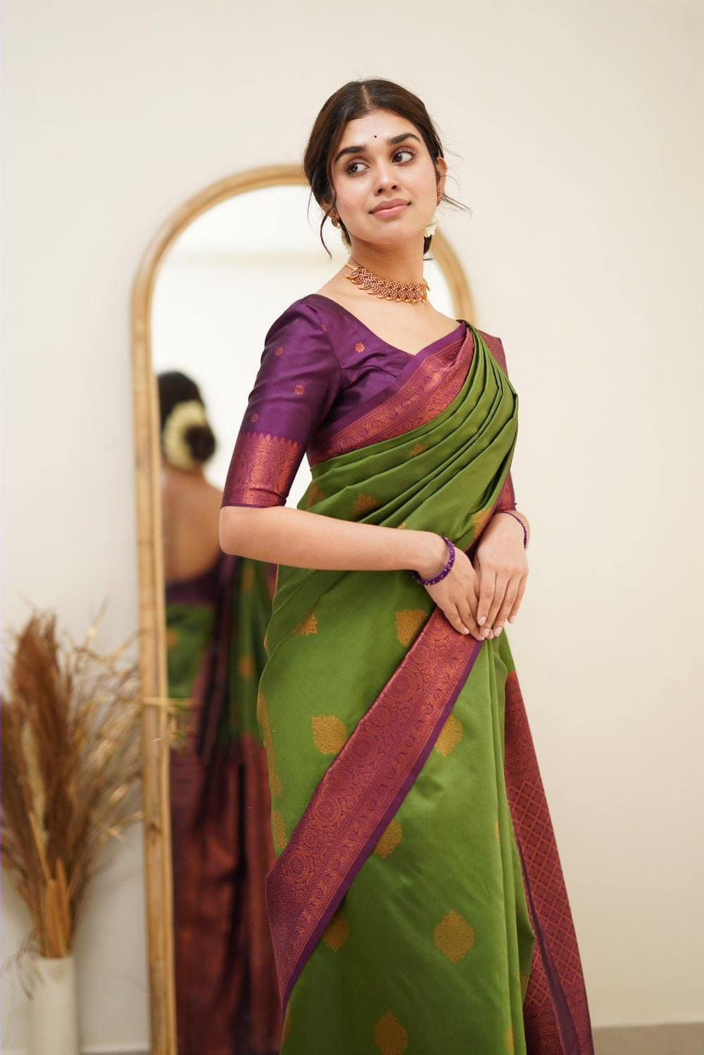 Splendorous Mehndi Soft Silk Saree with Glittering Blouse Piece - Colorful Saree