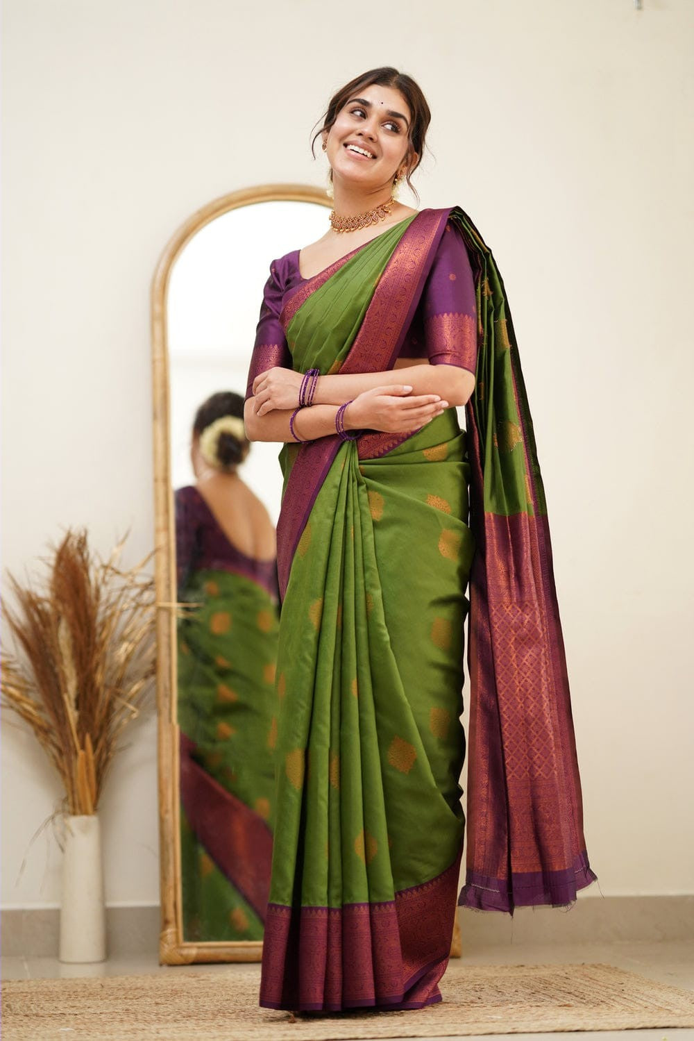 Splendorous Mehndi Soft Silk Saree with Glittering Blouse Piece - Colorful Saree