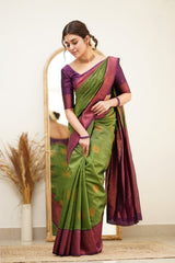 Splendorous Mehndi Soft Silk Saree with Glittering Blouse Piece - Colorful Saree