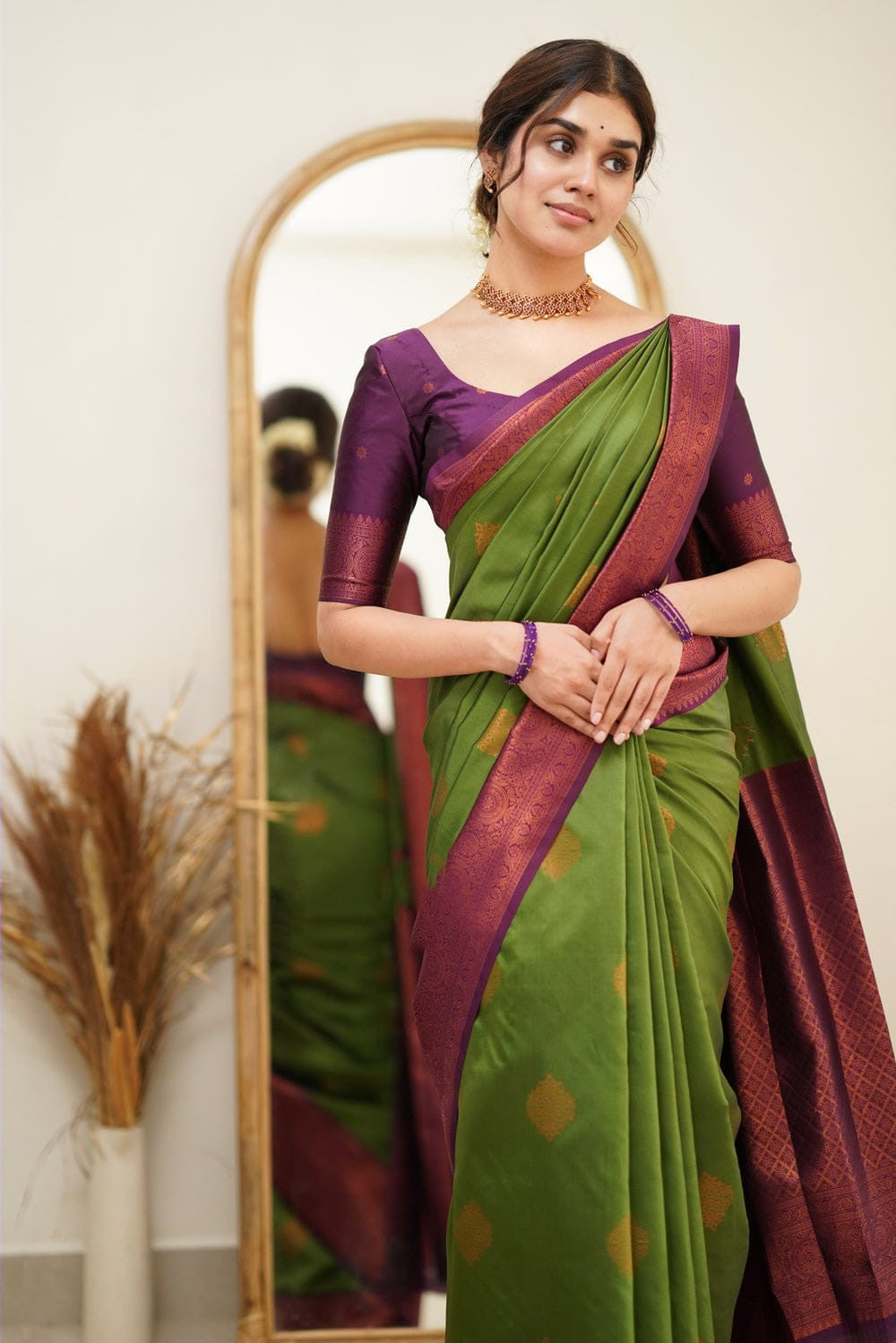 Splendorous Mehndi Soft Silk Saree with Glittering Blouse Piece - Colorful Saree