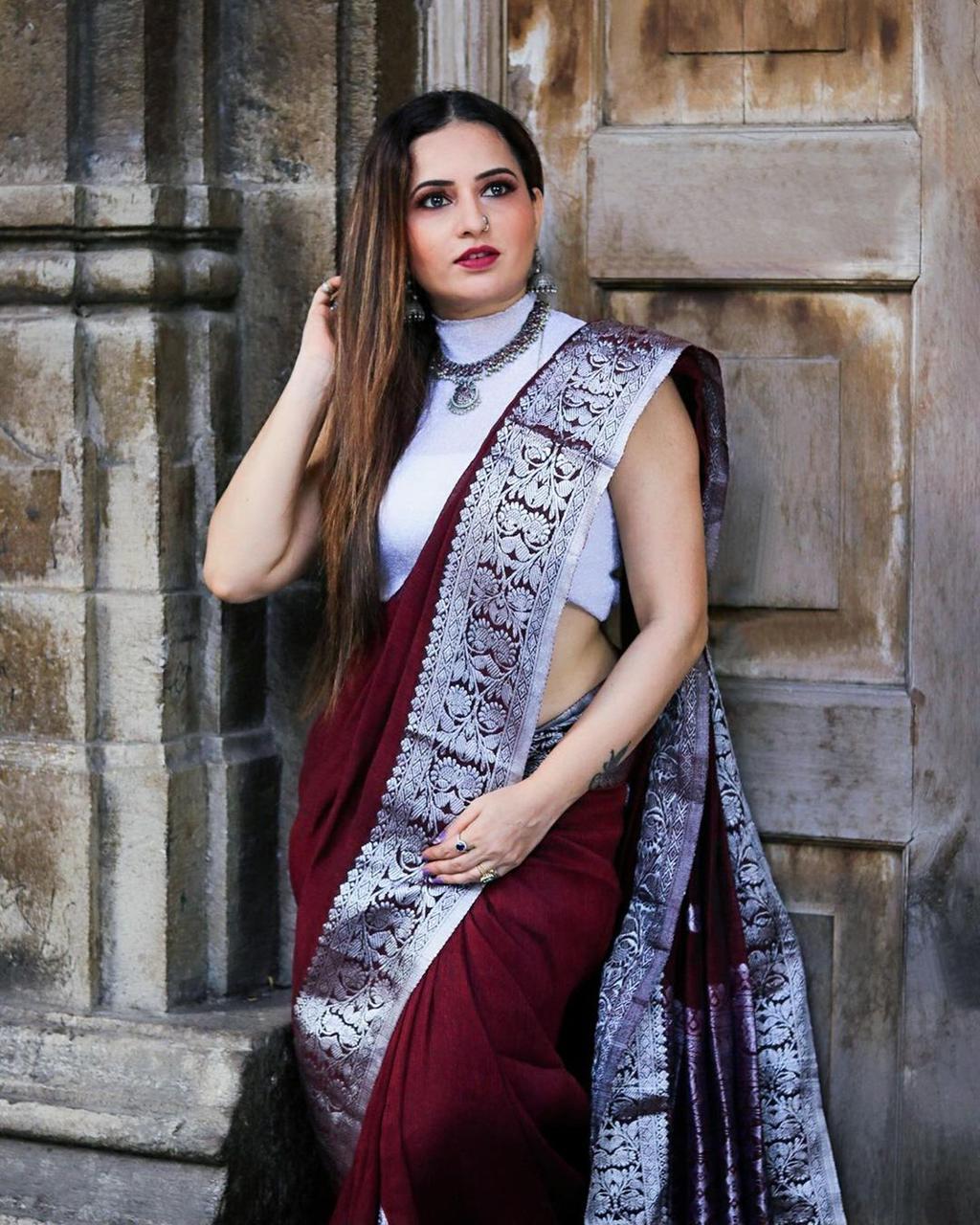 Deserving Wine Soft Banarasi Silk Saree With Attractive Blouse Piece - Colorful Saree