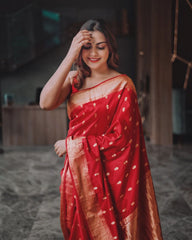 Cynosure Red Soft Banarasi Silk Saree With Demesne Blouse Piece - Colorful Saree