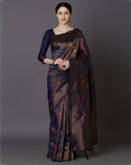 Brood Navy Blue Soft Banarasi Silk Saree With Intricate Blouse Piece - Colorful Saree