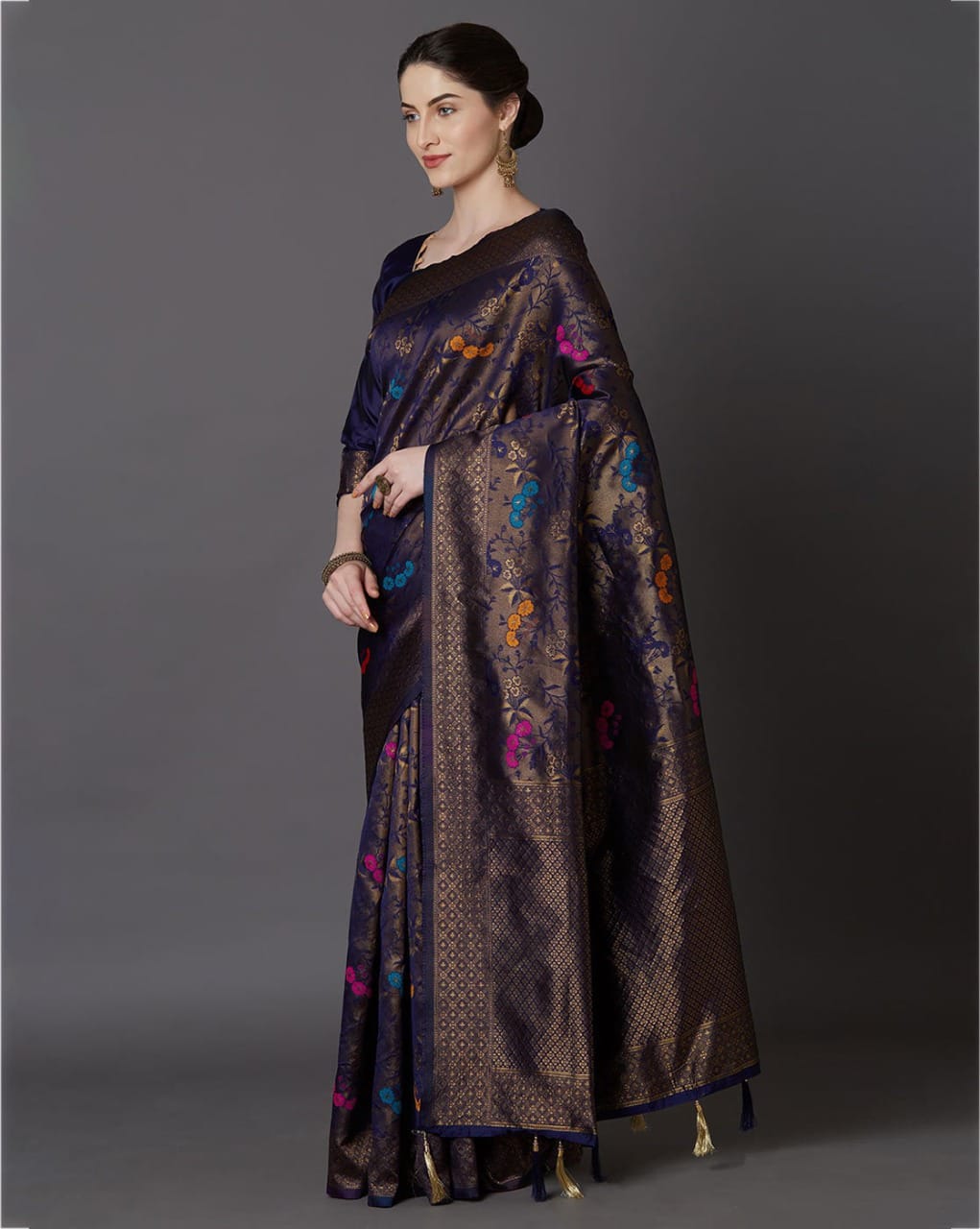 Brood Navy Blue Soft Banarasi Silk Saree With Intricate Blouse Piece - Colorful Saree