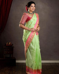 Glowing Pista Soft Silk Saree With Evocative Blouse Piece - Colorful Saree