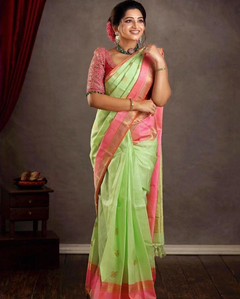 Glowing Pista Soft Silk Saree With Evocative Blouse Piece - Colorful Saree