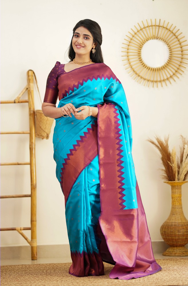 Designer Firozi Soft Silk Saree with Prominent Blouse Piece - Colorful Saree