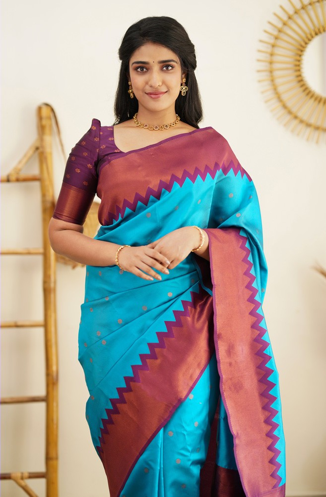 Designer Firozi Soft Silk Saree with Prominent Blouse Piece - Colorful Saree