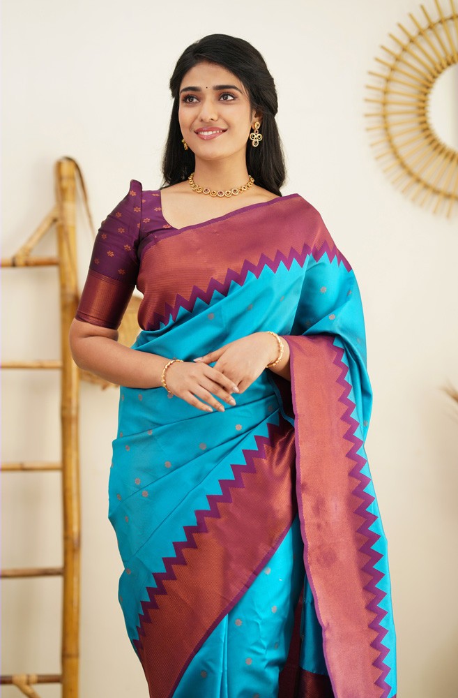 Designer Firozi Soft Silk Saree with Prominent Blouse Piece - Colorful Saree