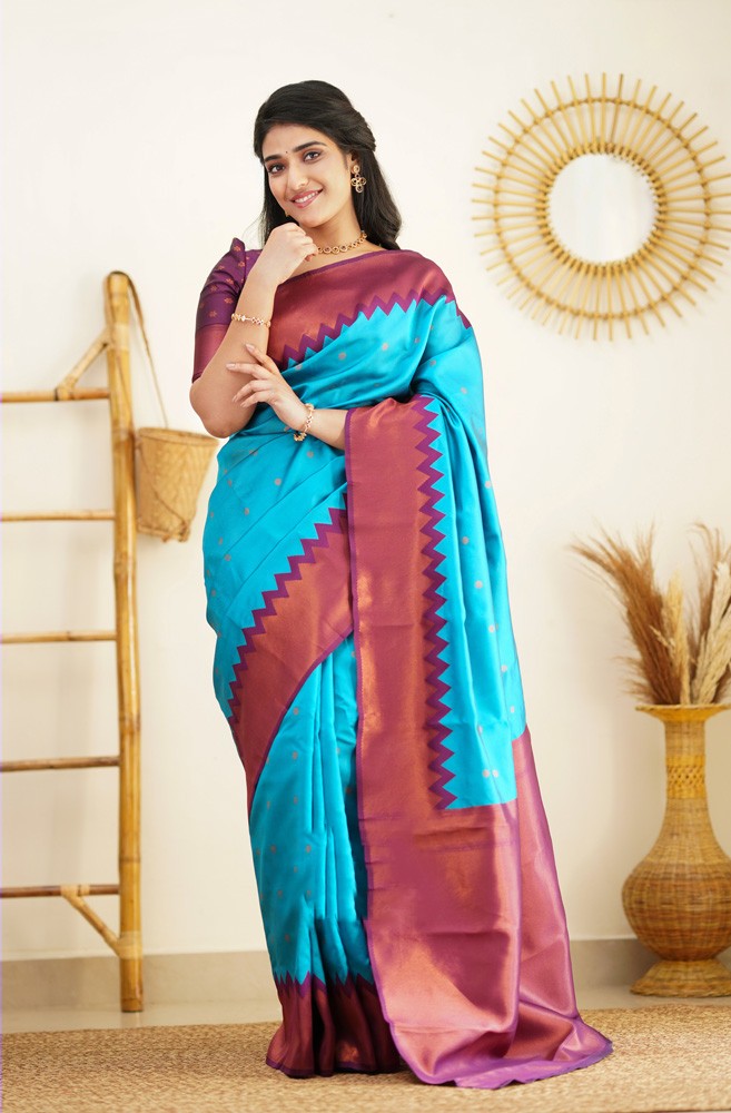 Designer Firozi Soft Silk Saree with Prominent Blouse Piece - Colorful Saree