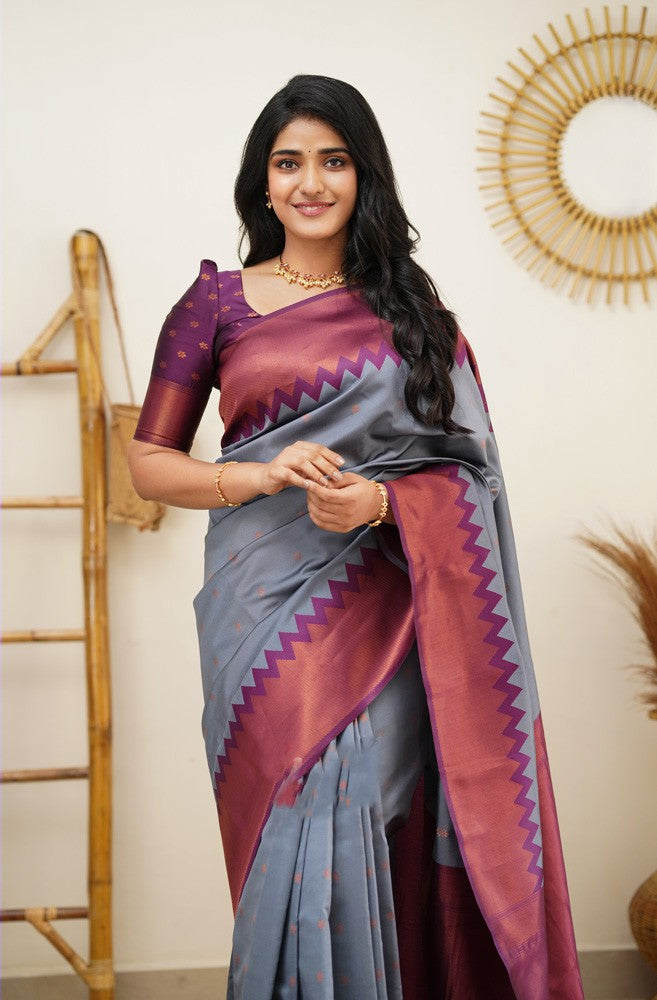 Arresting Grey Soft Silk Saree with Inspiring Blouse Piece - Colorful Saree