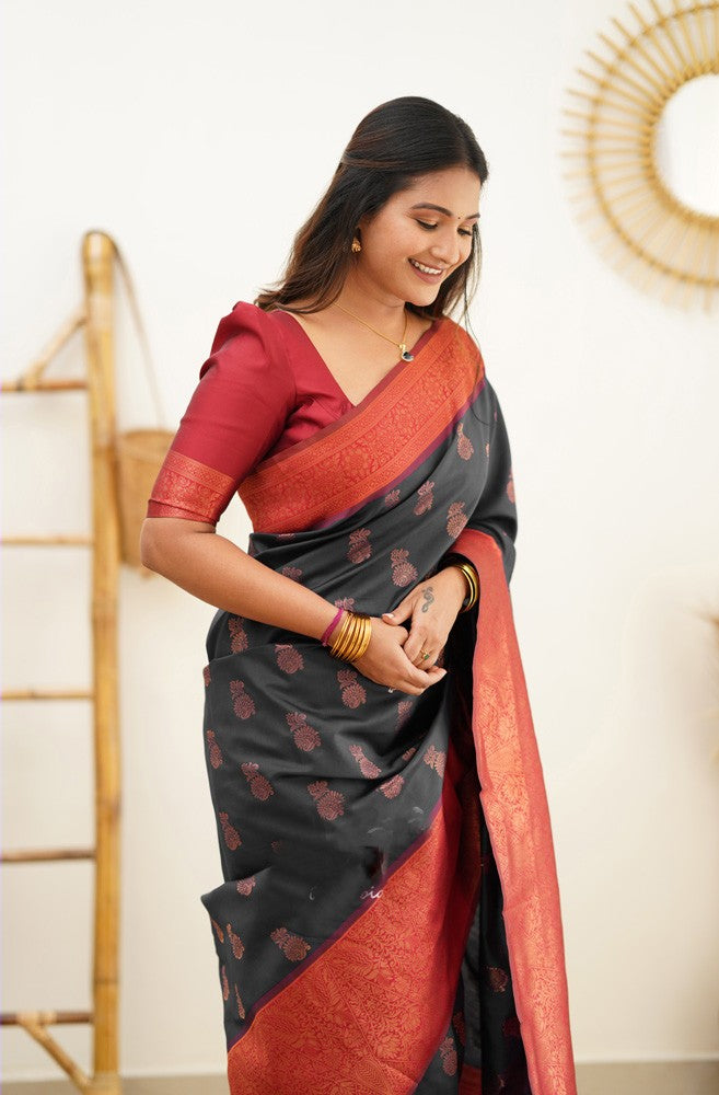 Scrumptious Black Soft Banarasi Silk Saree With Luxuriant Blouse Piece - Colorful Saree