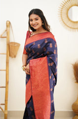 Magnetic Navy Blue Soft Banarasi Silk Saree With Confounding Blouse Piece - Colorful Saree