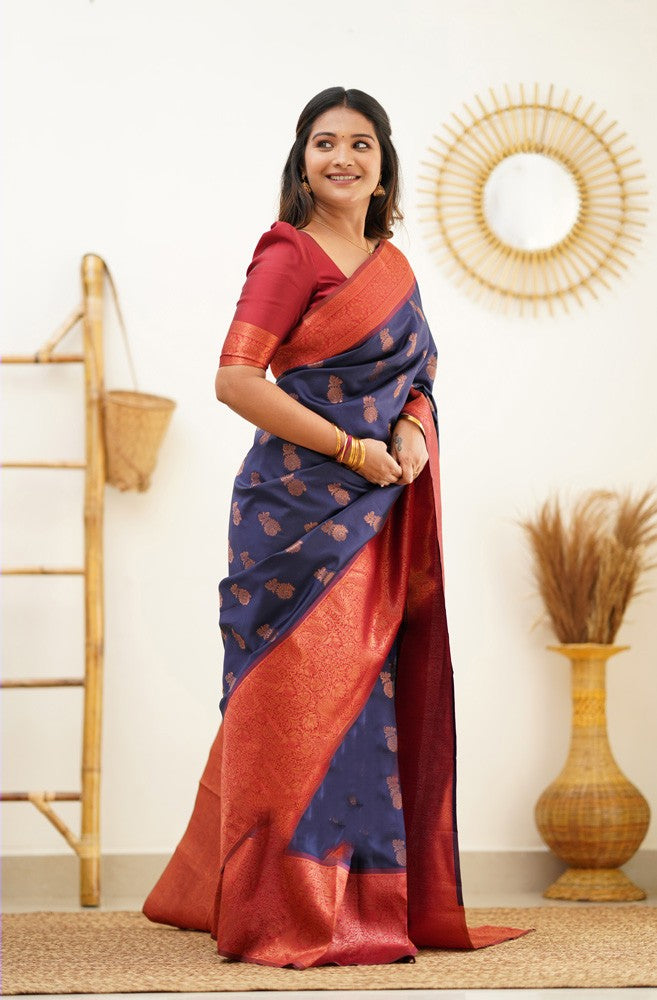 Magnetic Navy Blue Soft Banarasi Silk Saree With Confounding Blouse Piece - Colorful Saree