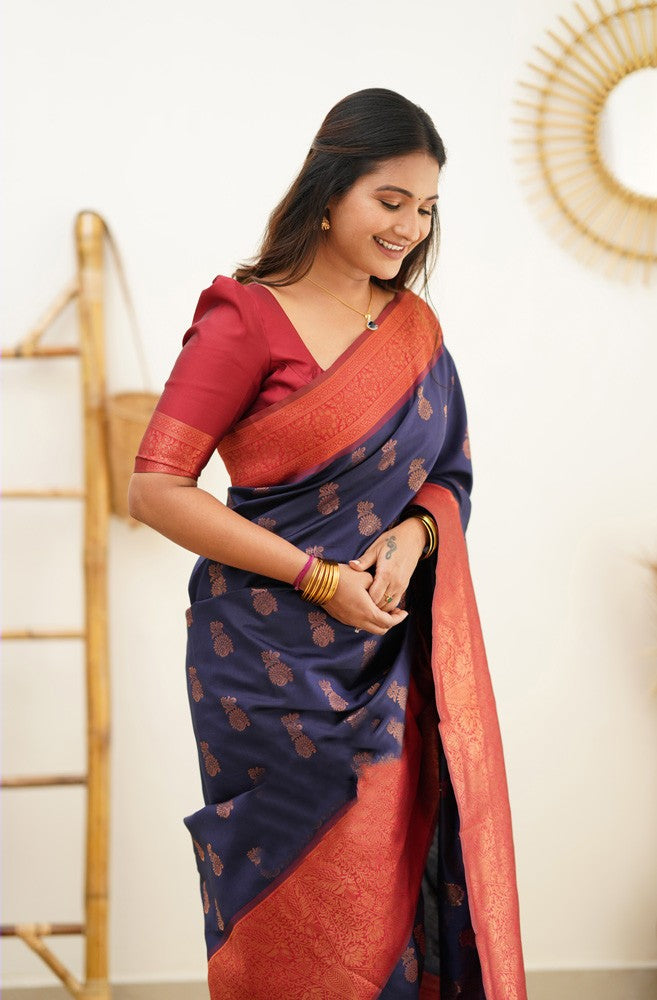 Magnetic Navy Blue Soft Banarasi Silk Saree With Confounding Blouse Piece - Colorful Saree