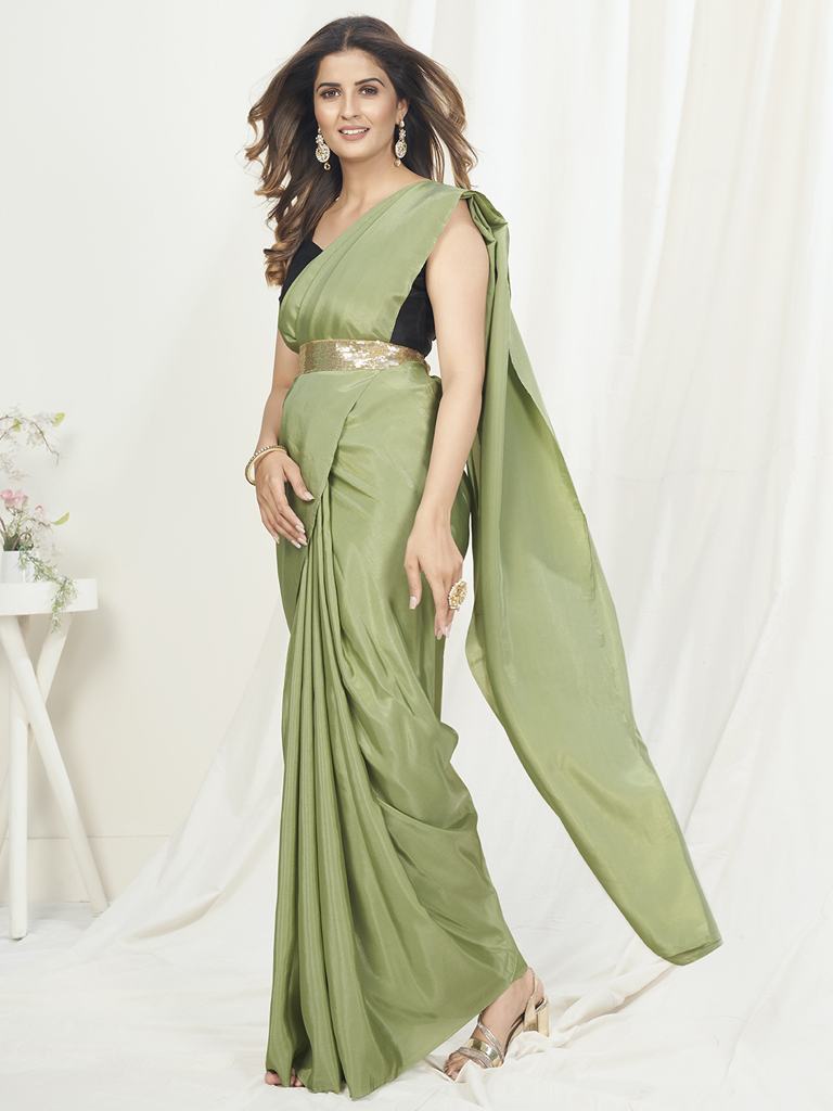 Tea Green Ready to Wear One Minute Saree In Satin Silk - Colorful Saree