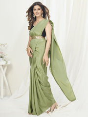 Tea Green Ready to Wear One Minute Saree In Satin Silk - Colorful Saree