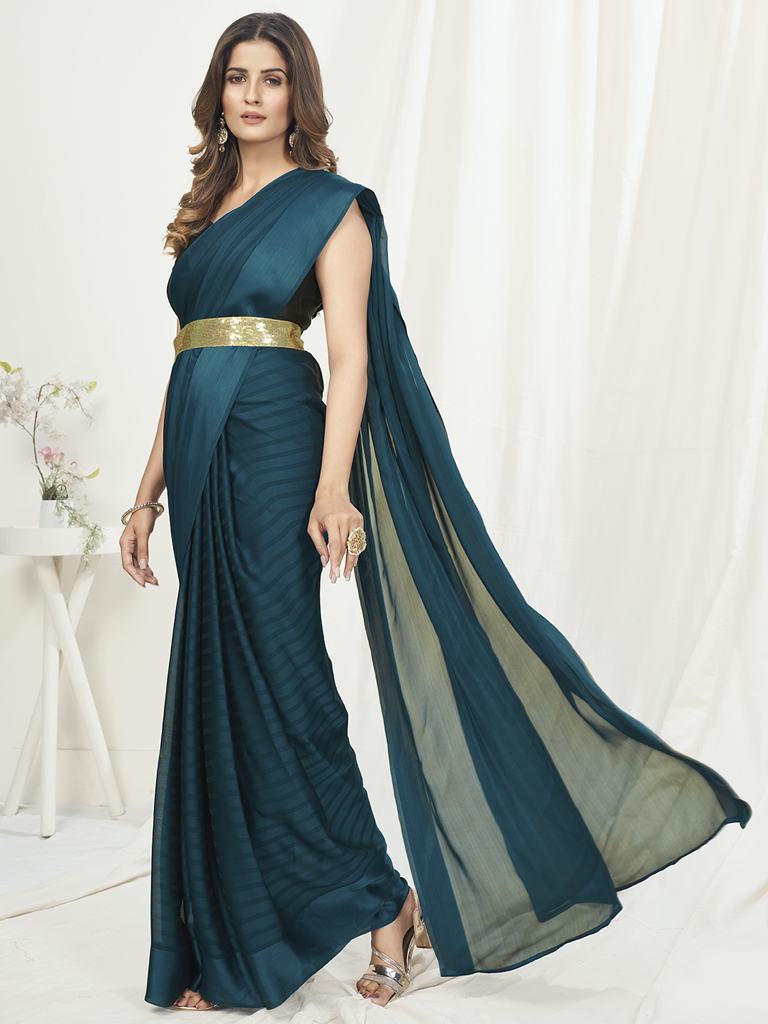 Teal Green Ready to Wear One Minute Saree In Satin Silk - Colorful Saree