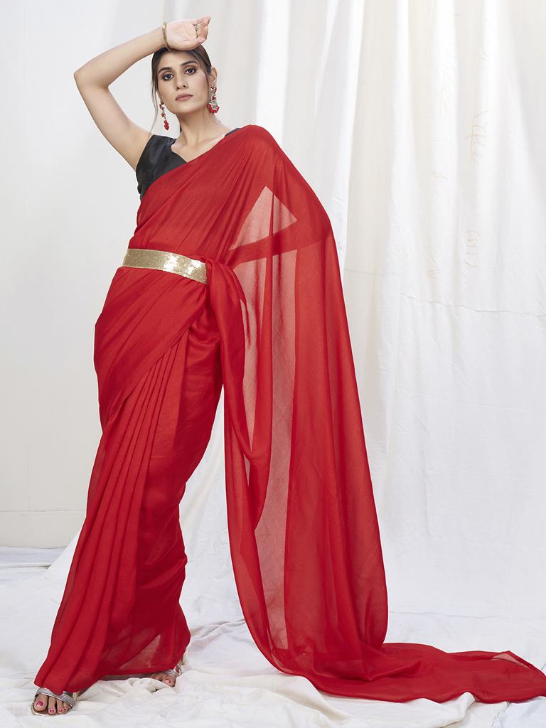 True Red Ready to Wear One Minute Lycra Saree - Colorful Saree