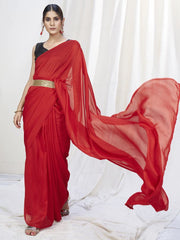 True Red Ready to Wear One Minute Lycra Saree - Colorful Saree