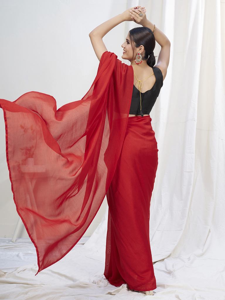 True Red Ready to Wear One Minute Lycra Saree - Colorful Saree