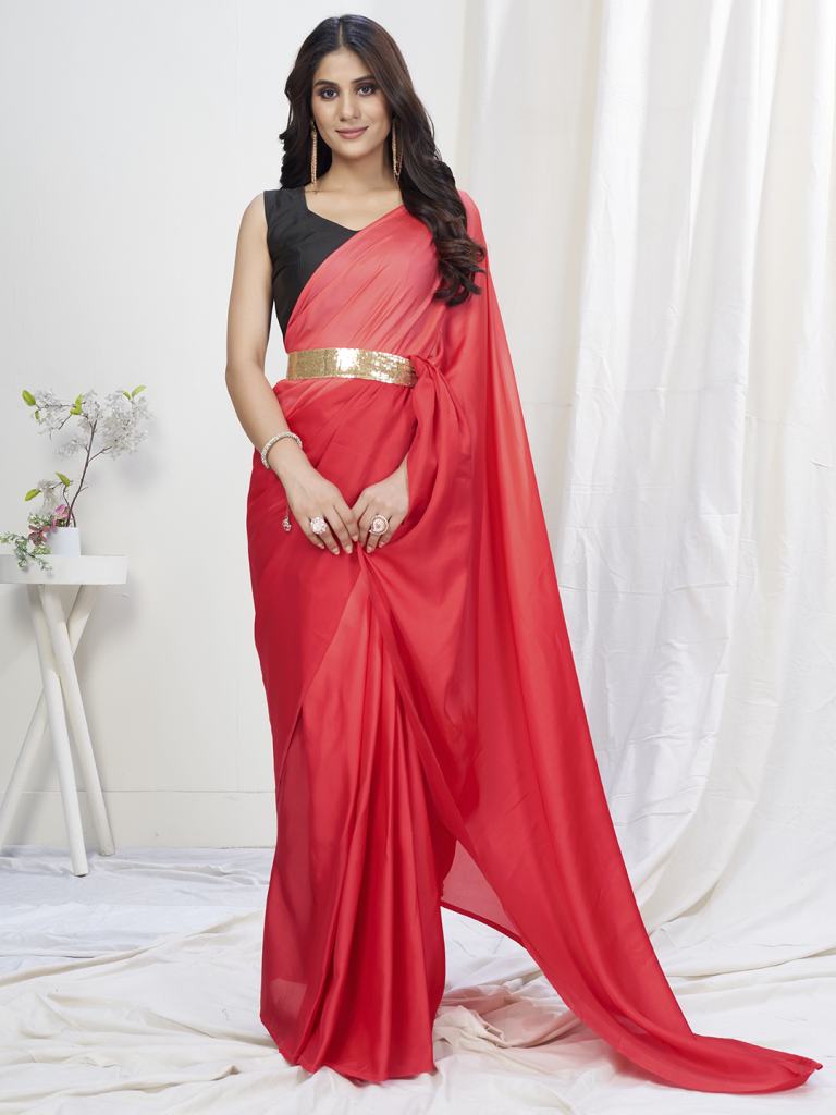 Two-Toned Red Lycra Based Saree - Colorful Saree