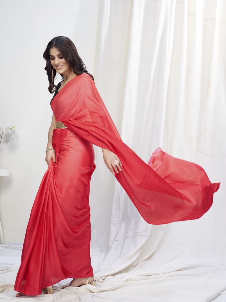 Two-Toned Red Lycra Based Saree - Colorful Saree