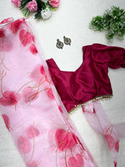 Flattering Handwork Pink Color Organza Saree - Colorful Saree