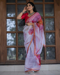 White With Pink Color Lace Work Flower Print Organza Saree - Colorful Saree