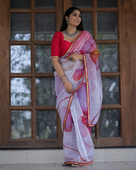 White With Pink Color Lace Work Flower Print Organza Saree - Colorful Saree