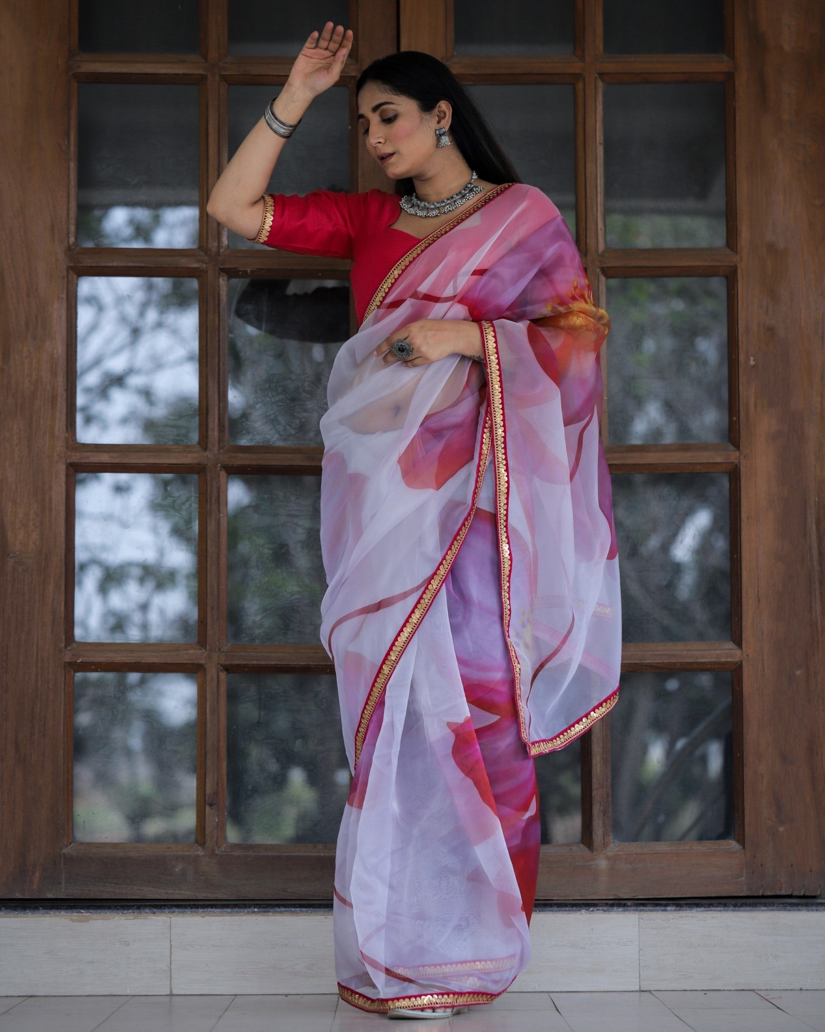 White With Pink Color Lace Work Flower Print Organza Saree - Colorful Saree