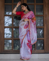 White With Pink Color Lace Work Flower Print Organza Saree - Colorful Saree