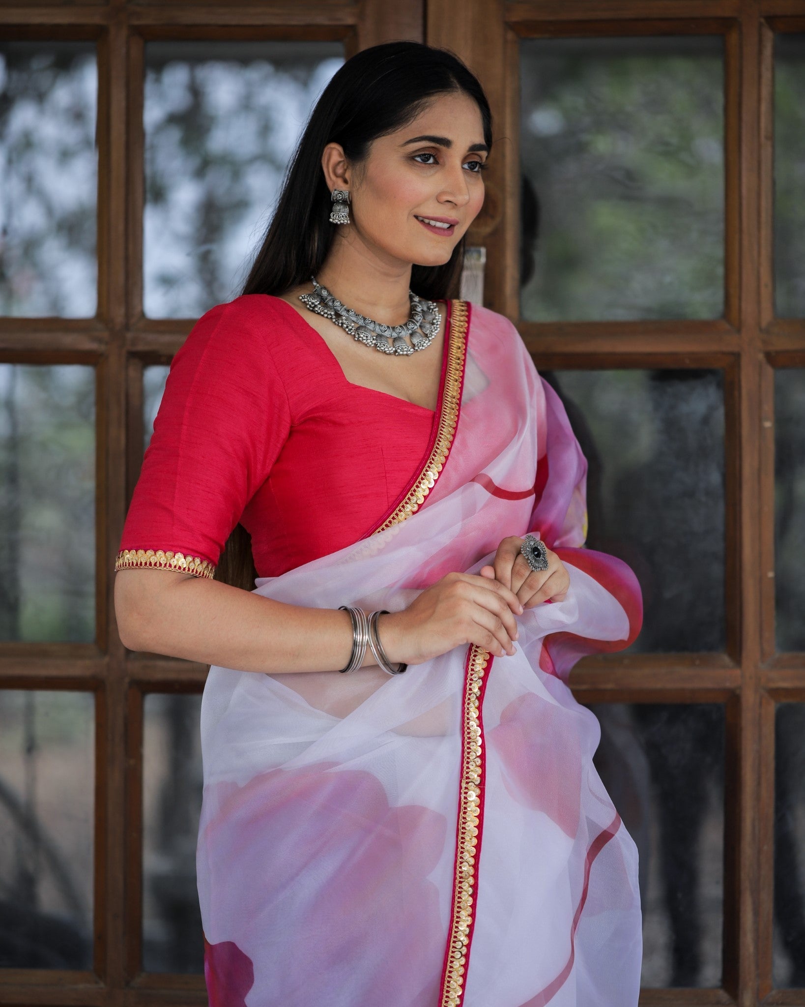White With Pink Color Lace Work Flower Print Organza Saree - Colorful Saree