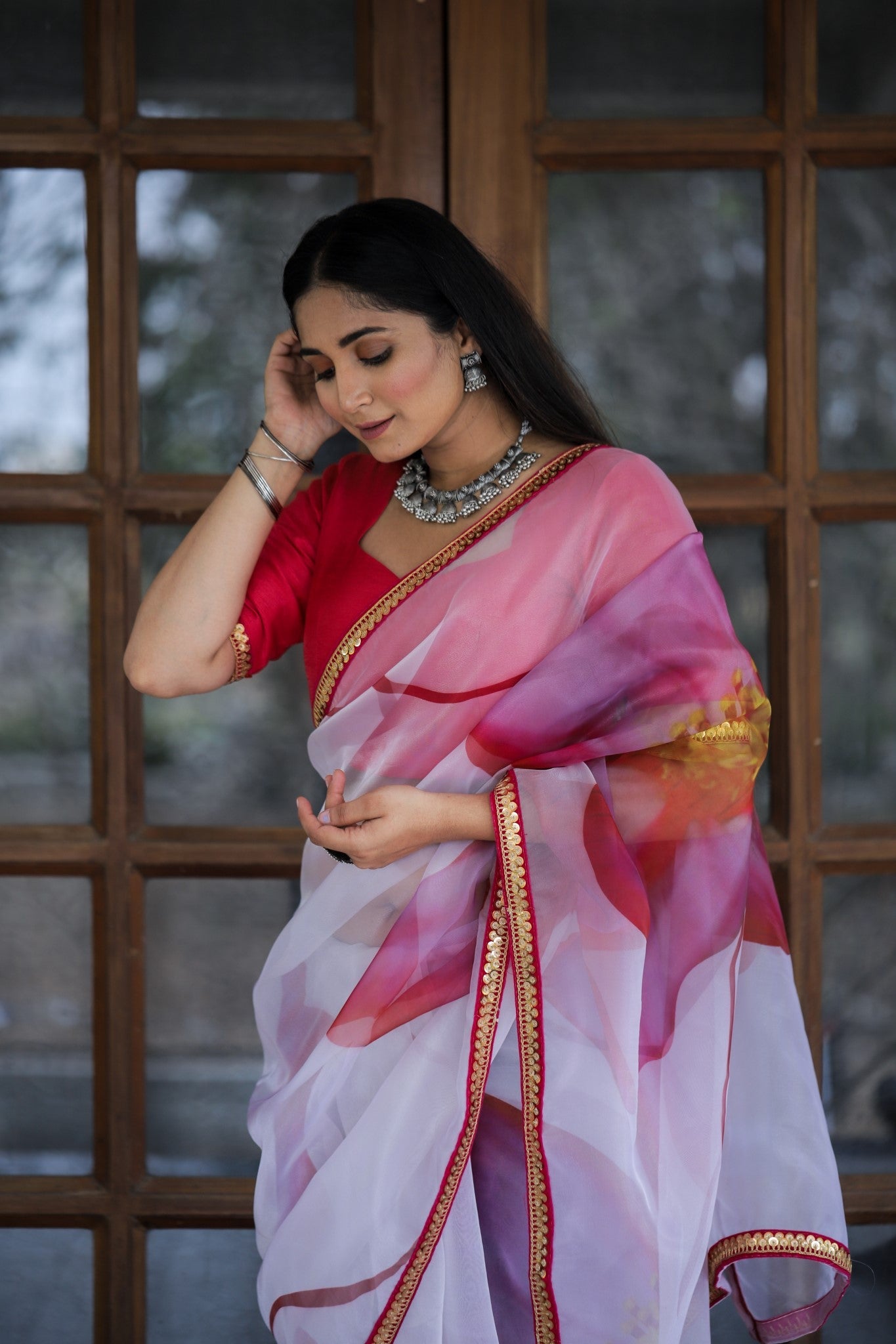 White With Pink Color Lace Work Flower Print Organza Saree - Colorful Saree